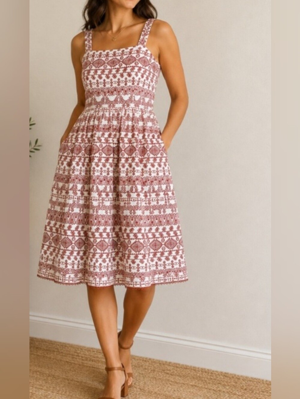 ANTONIO MELANI White w/Red Embroidery Midi Sundress, Fit&Flare, 100% Cotton Sz:2